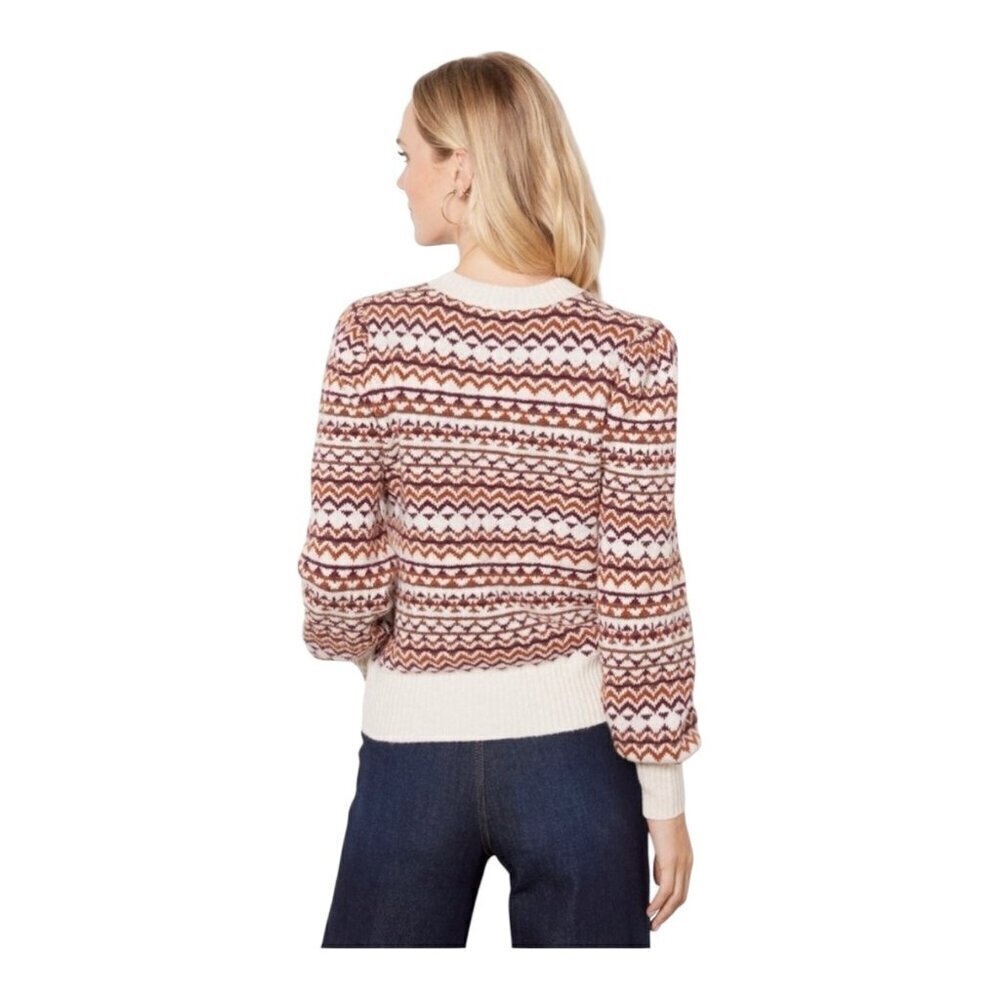 Evereve Haylo Fair Isle Pullover Sweater Size XL Puff Sleeve Cream Brown NWT - Picture 3 of 9